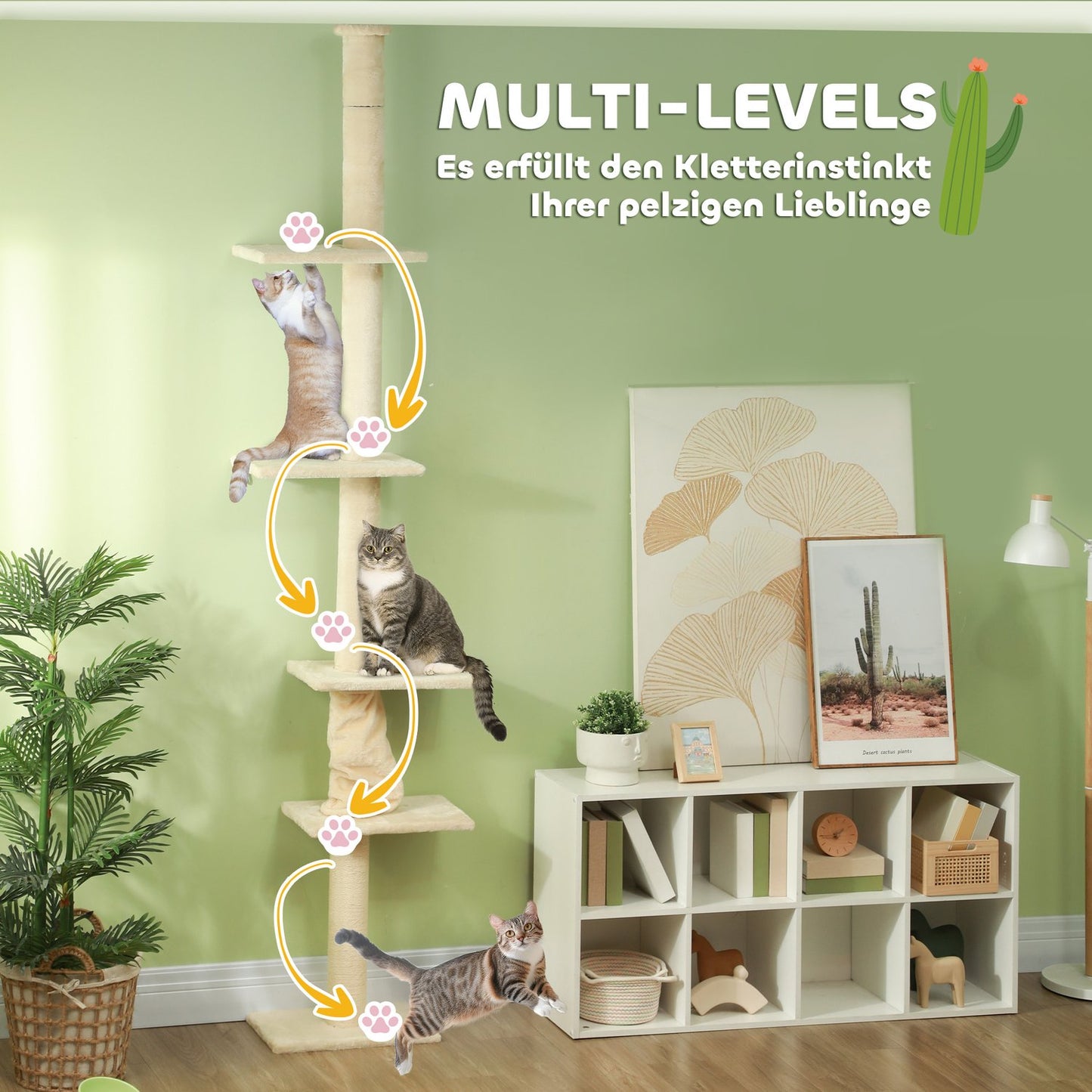 Cat tree with high ceiling with platforms, 225-275 cm, cream