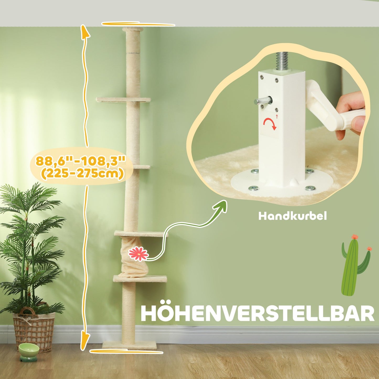 Cat tree with high ceiling with platforms, 225-275 cm, cream