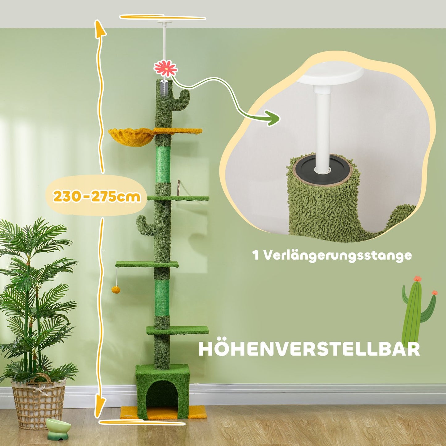 Cat tree 230-275 cm with cave and play ball - Green