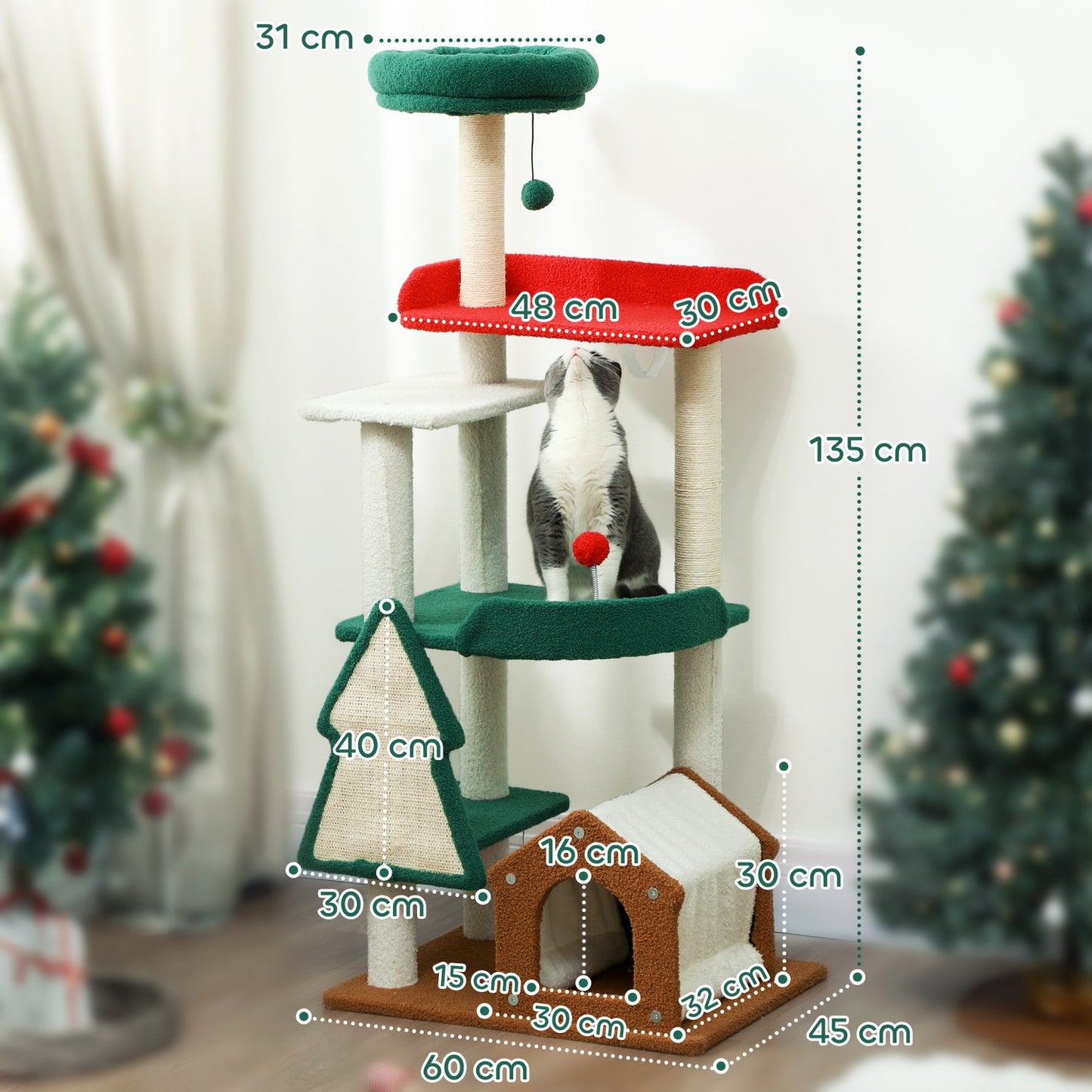 135 cm cat tree with sisal pole & cave - multi-coloured