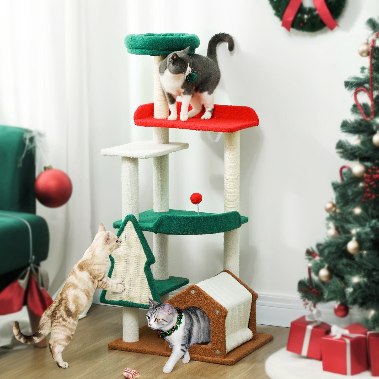 135 cm cat tree with sisal pole & cave - multi-coloured