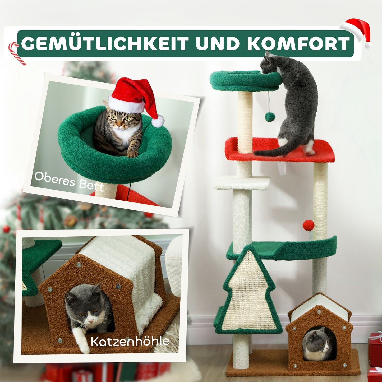 135 cm cat tree with sisal pole & cave - multi-coloured