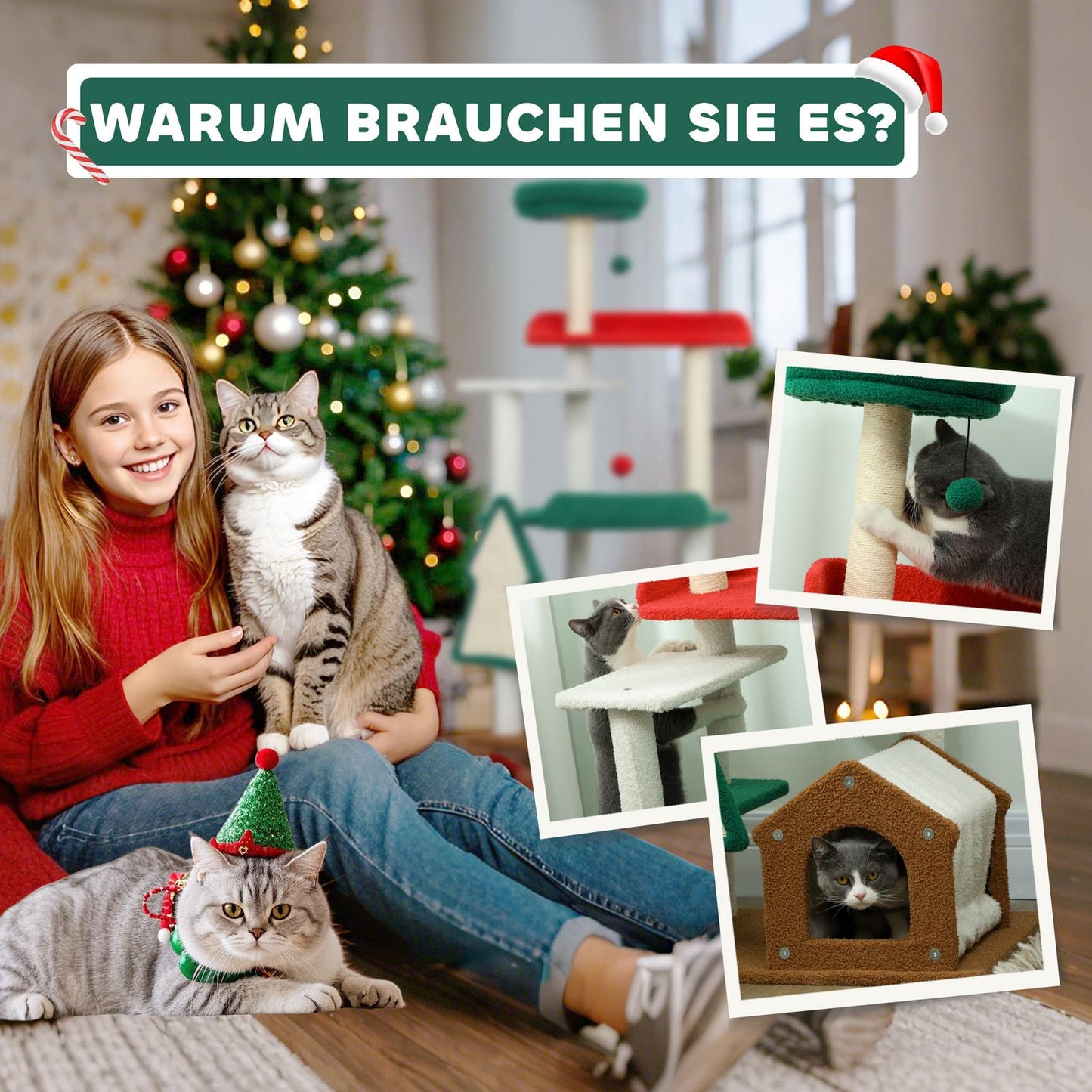 135 cm cat tree with sisal pole & cave - multi-coloured