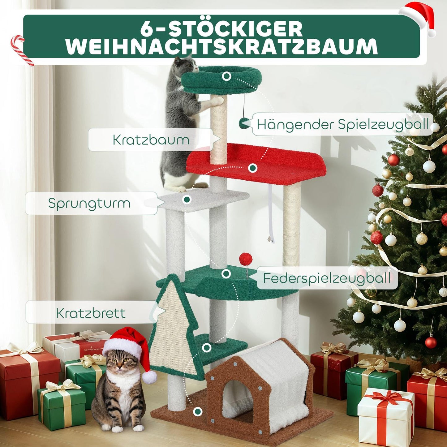 135 cm cat tree with sisal pole & cave - multi-coloured