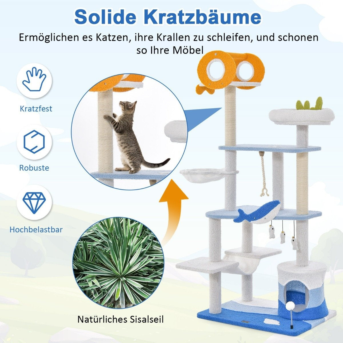 Scratching post in a marine motif, multi-story cat tower with sisal-covered posts, blue, 69 x 49 x 168 cm