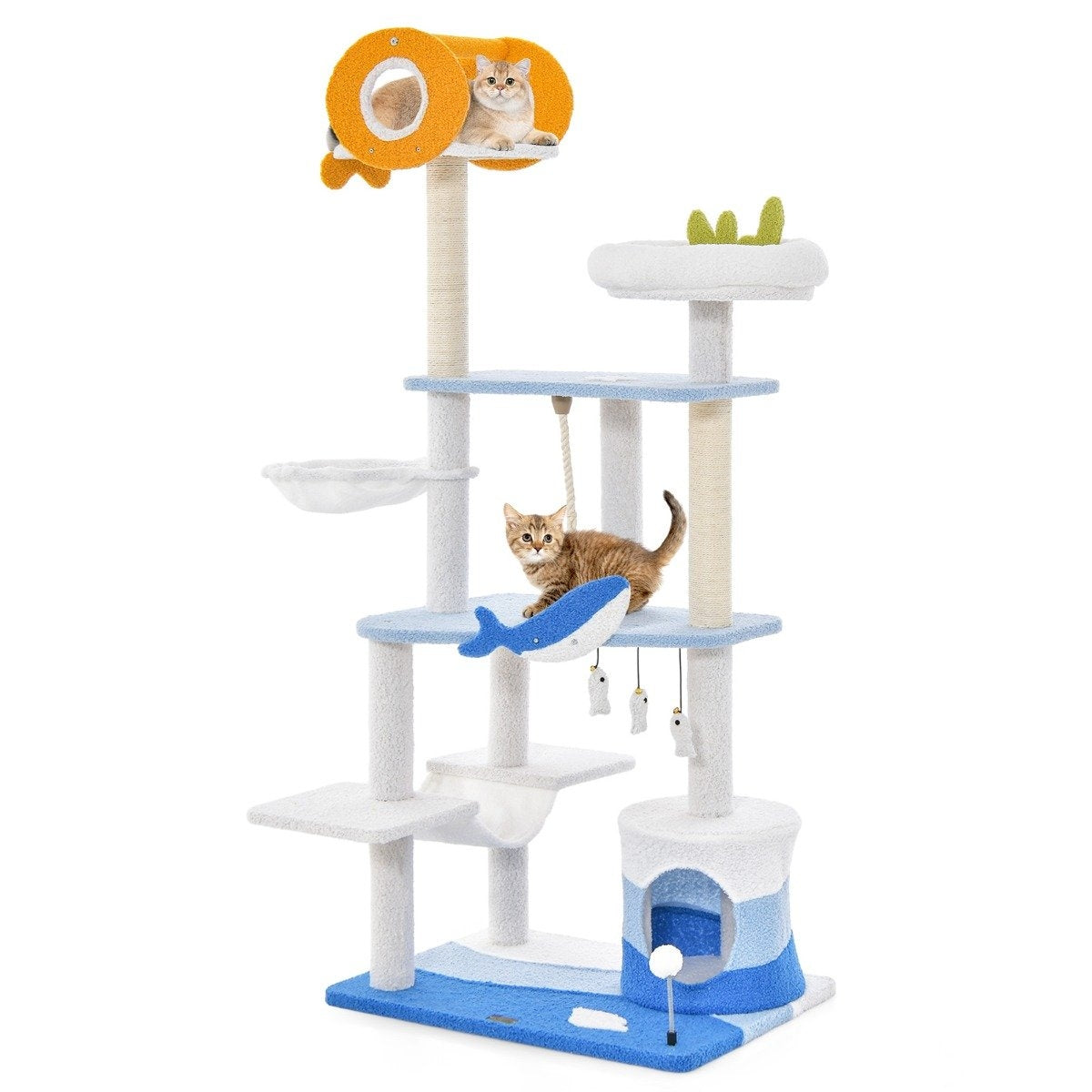 Scratching post in a marine motif, multi-story cat tower with sisal-covered posts, blue, 69 x 49 x 168 cm