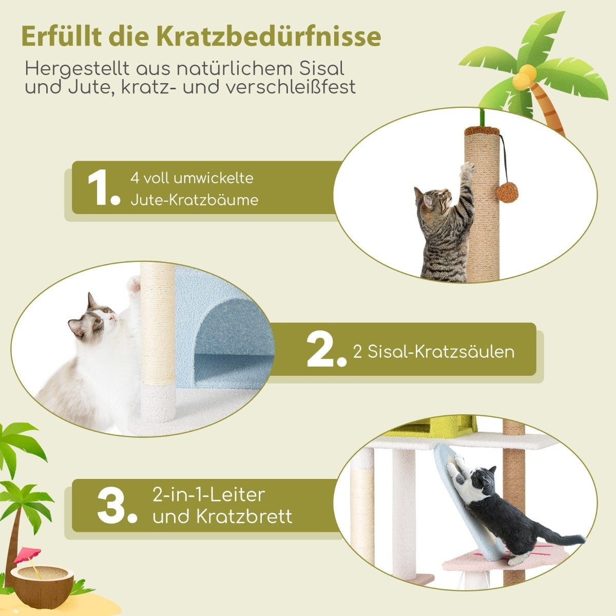 Scratching post in beach design with 2 cat houses & viewing platform cat tower cat tree