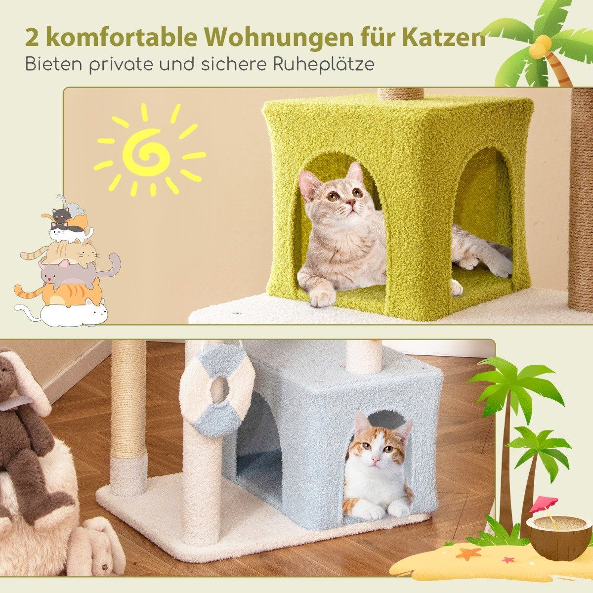 Scratching post in beach design with 2 cat houses & viewing platform cat tower cat tree