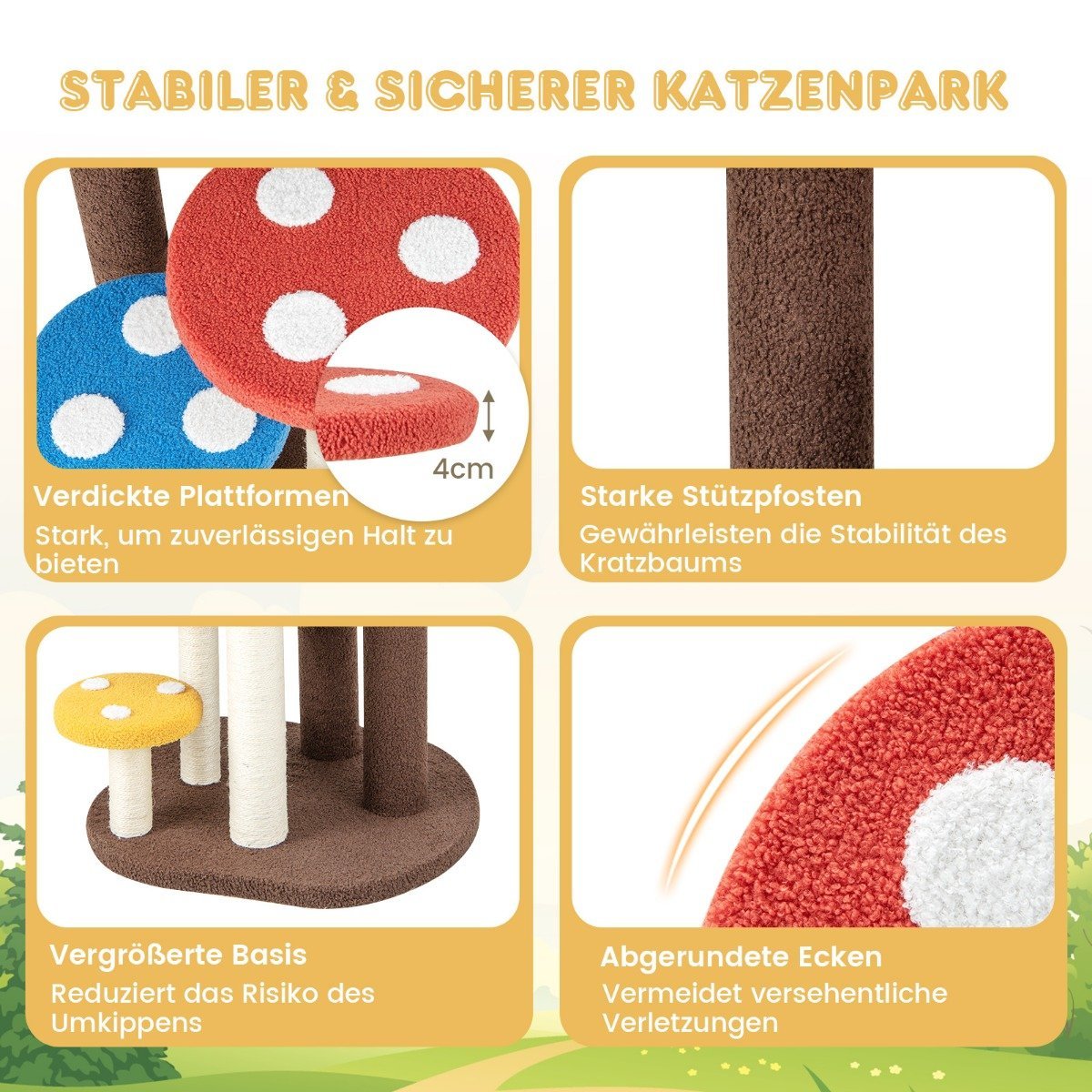 Scratching post in mushroom look, 5-tier cat tree with 3 sisal posts, small climbing tree made of teddy fabric, 60 x 65 x 94 cm, colorful
