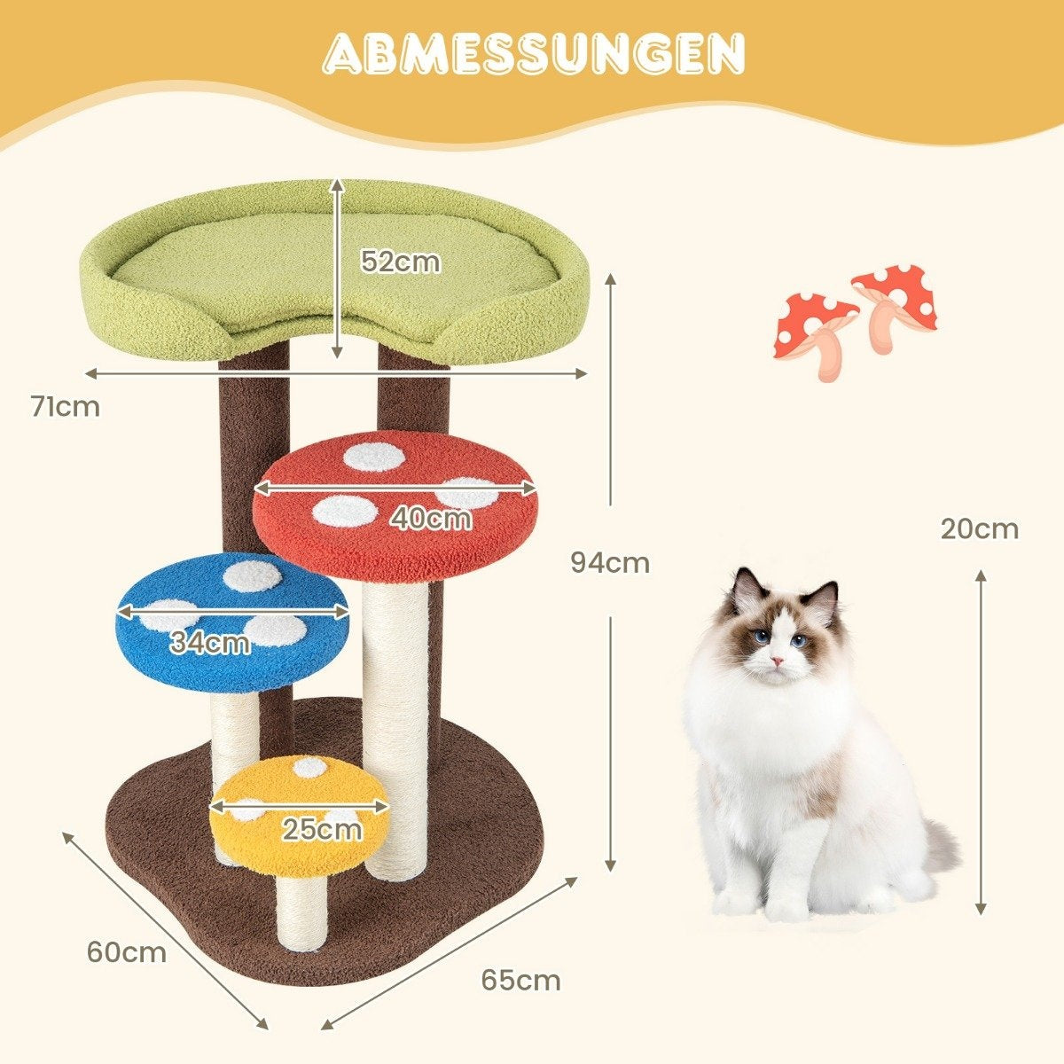Scratching post in mushroom look, 5-tier cat tree with 3 sisal posts, small climbing tree made of teddy fabric, 60 x 65 x 94 cm, colorful