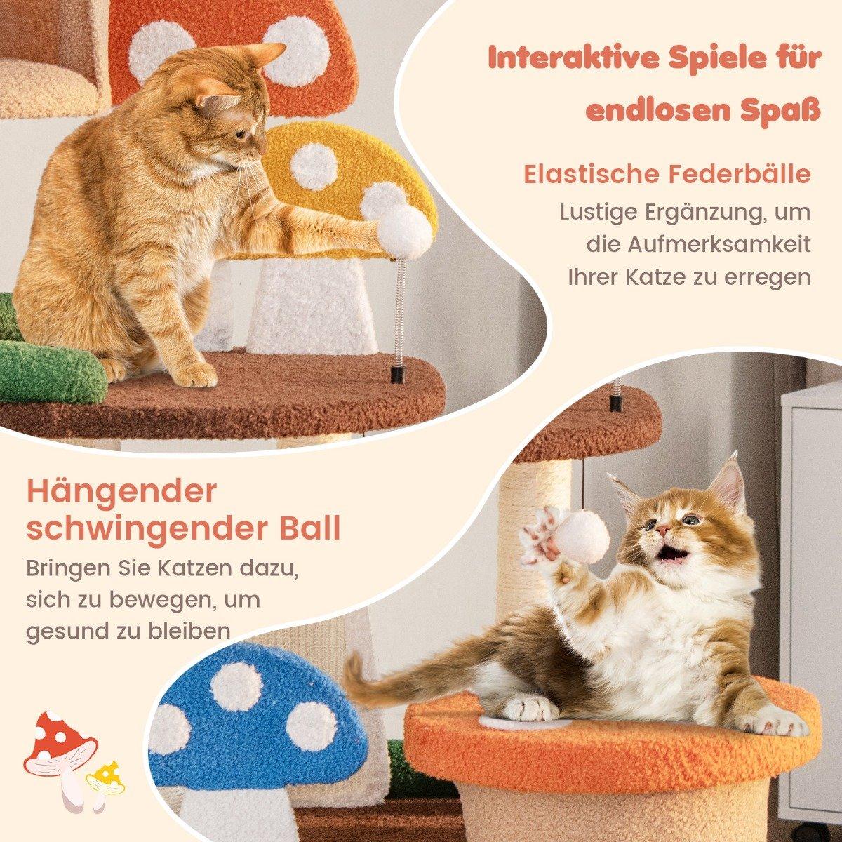 Scratching post in mushroom look cat tree with 2 cat caves & sisal scratching board & platforms & play ball 69 x 49 x 146 cm