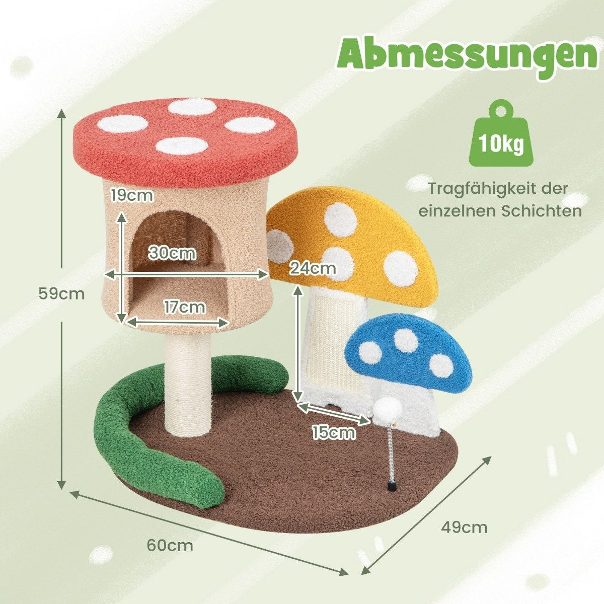 Scratching post in mushroom look cat tree with cat cave & sisal scratching board & large base & play ball 60 x 49 x 59 cm
