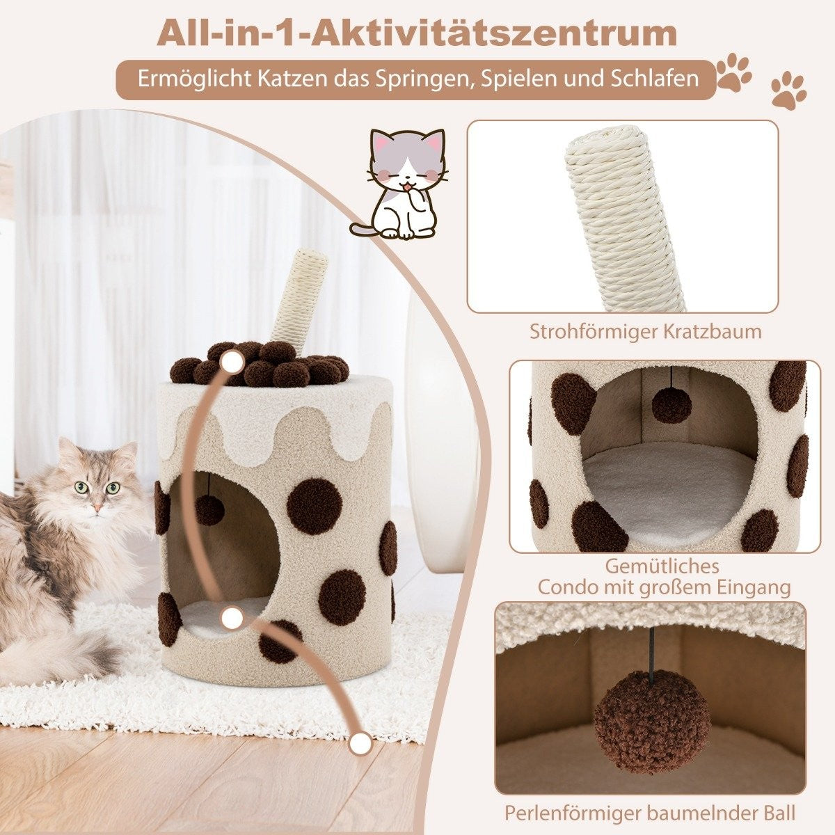 Scratching post, scratching barrel in milk tea shape with sisal posts & dangling ball toy, beige