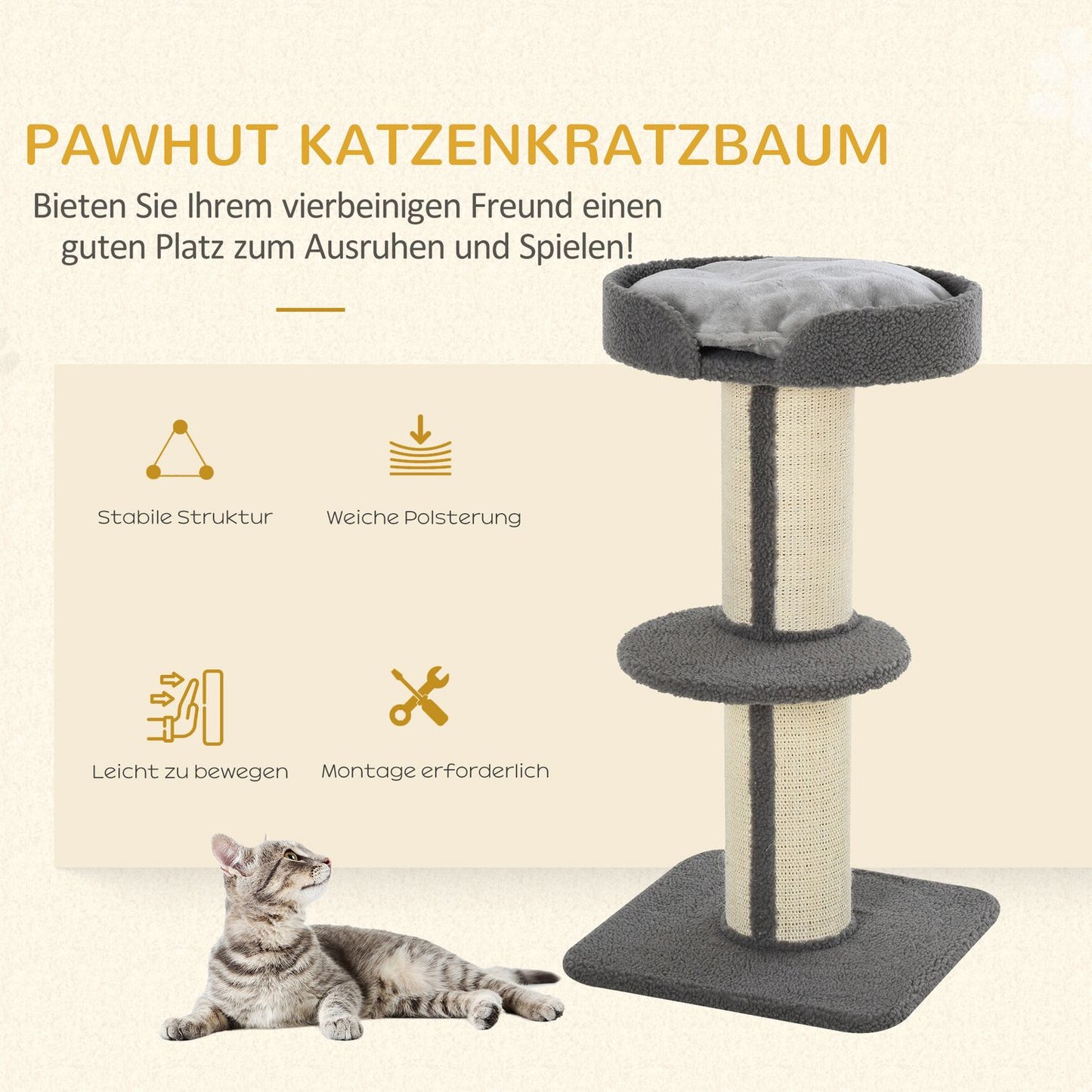 Cat scratching post, 30 kg capacity, sisal, gray platform