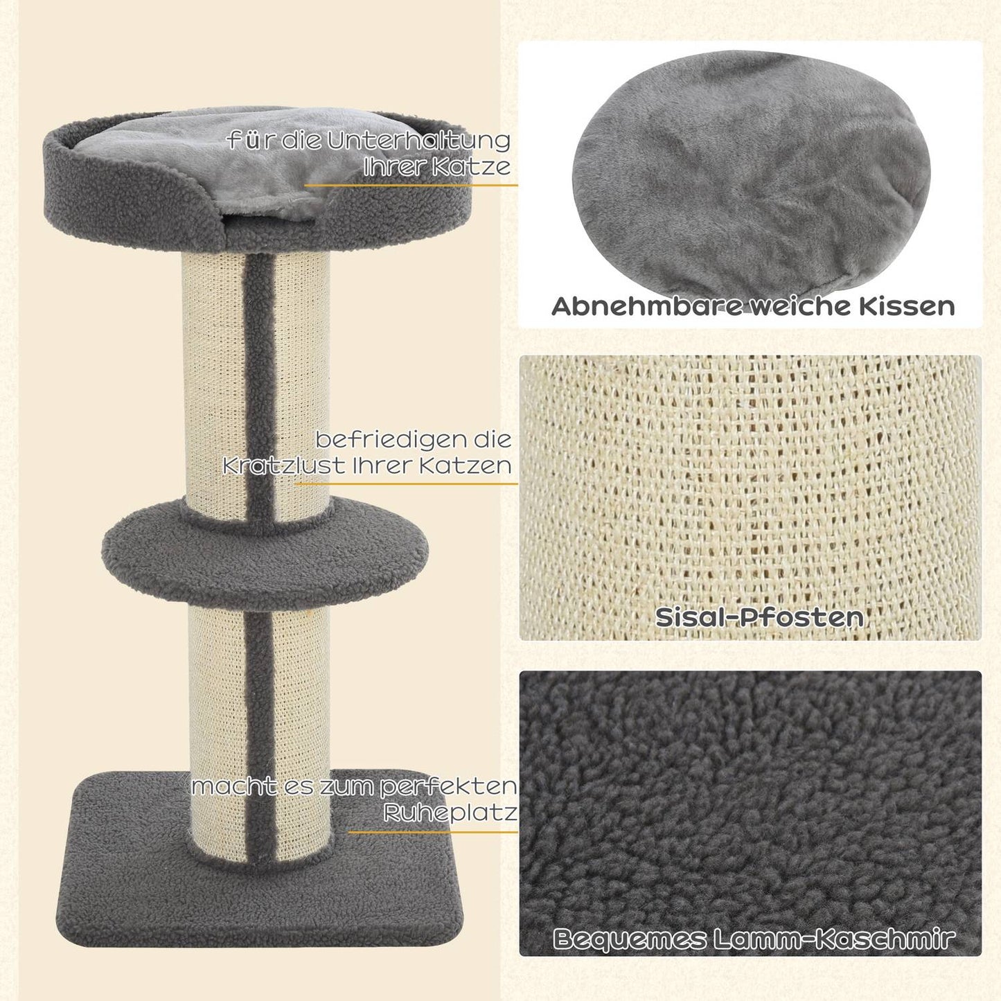 Cat scratching post, 30 kg capacity, sisal, gray platform