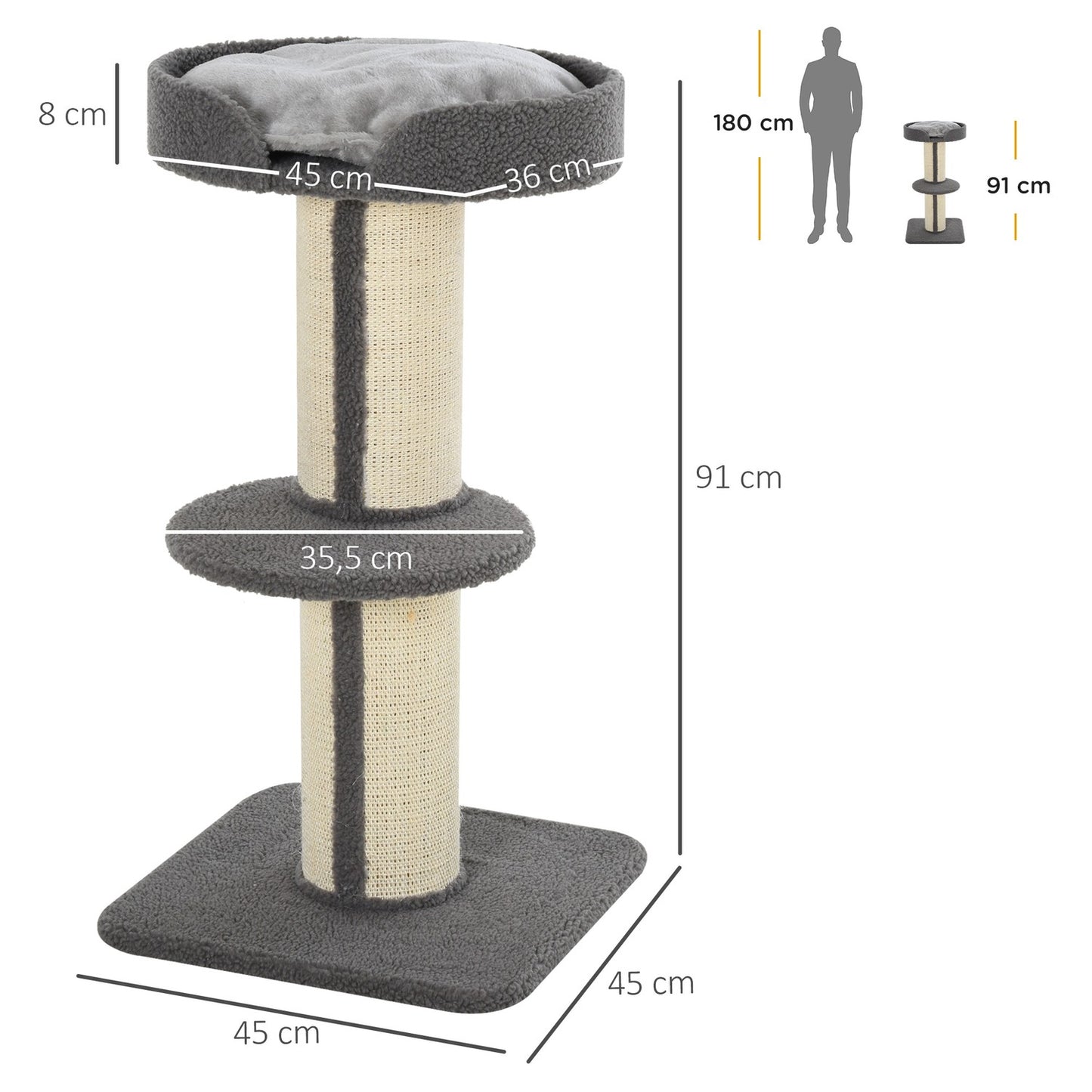 Cat scratching post, 30 kg capacity, sisal, gray platform