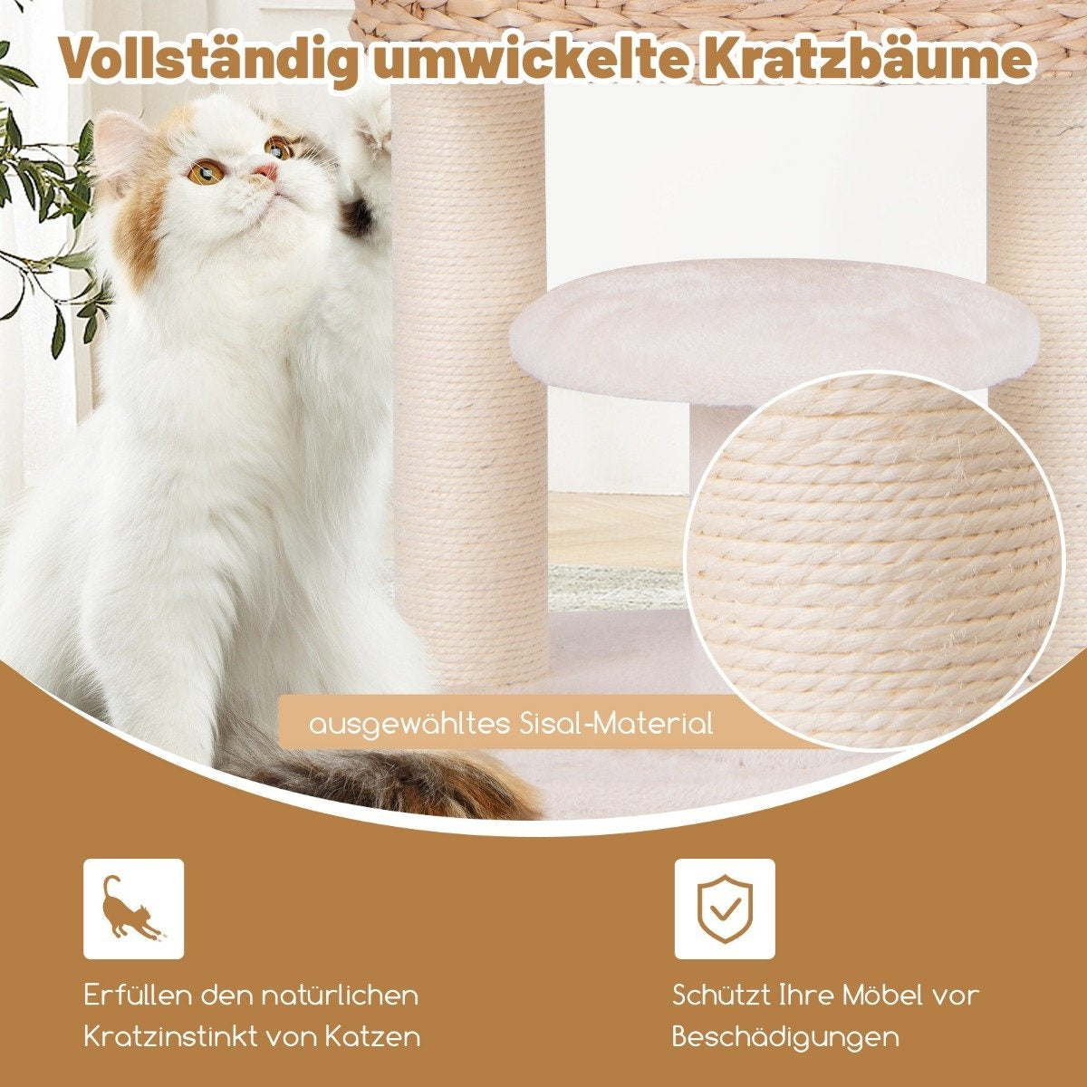 Scratching post with cat cave 104 cm high cat tree with perch & platform beige + natural