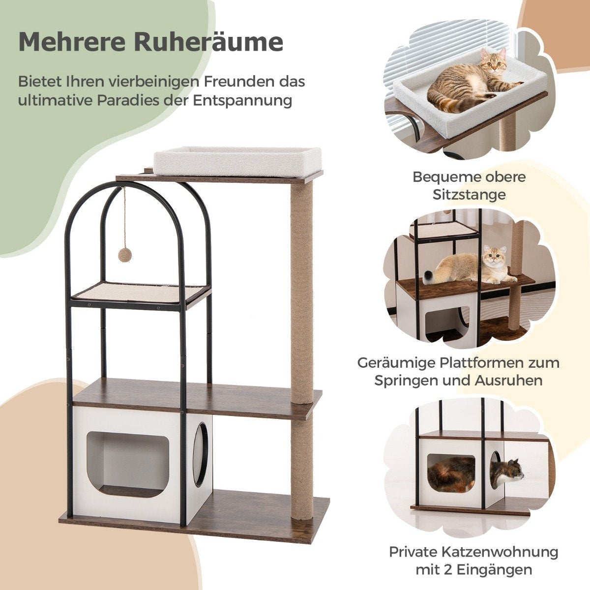 Scratching post with cat cave 118cm cat tree with removable cat bed & ball & scratching mat