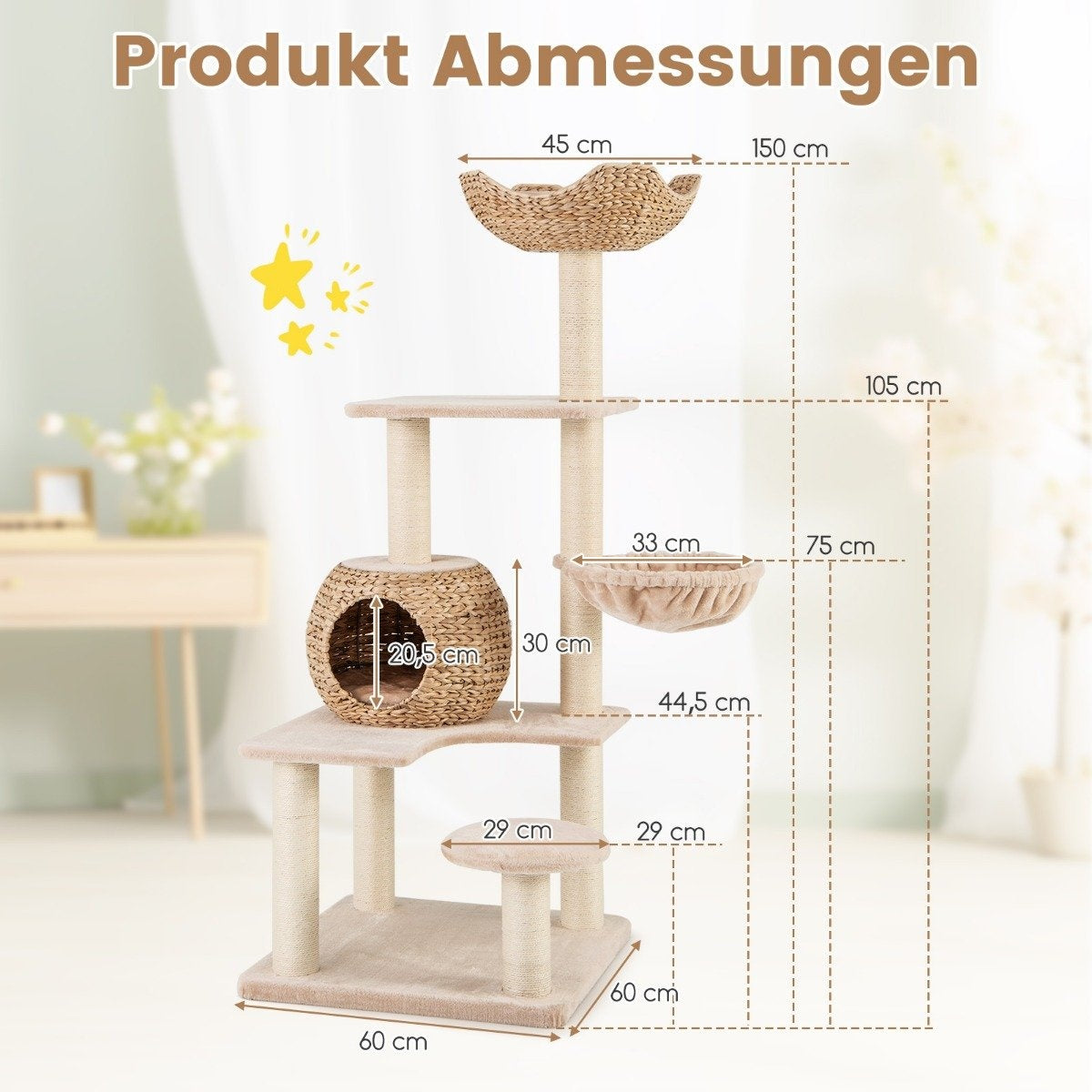 Scratching post with cat cave 150 cm high cat tree with hammock up to 10 kg beige + natural