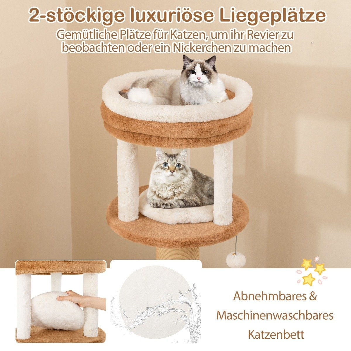 Scratching post with fur brush & padded seat & removable cat bed
