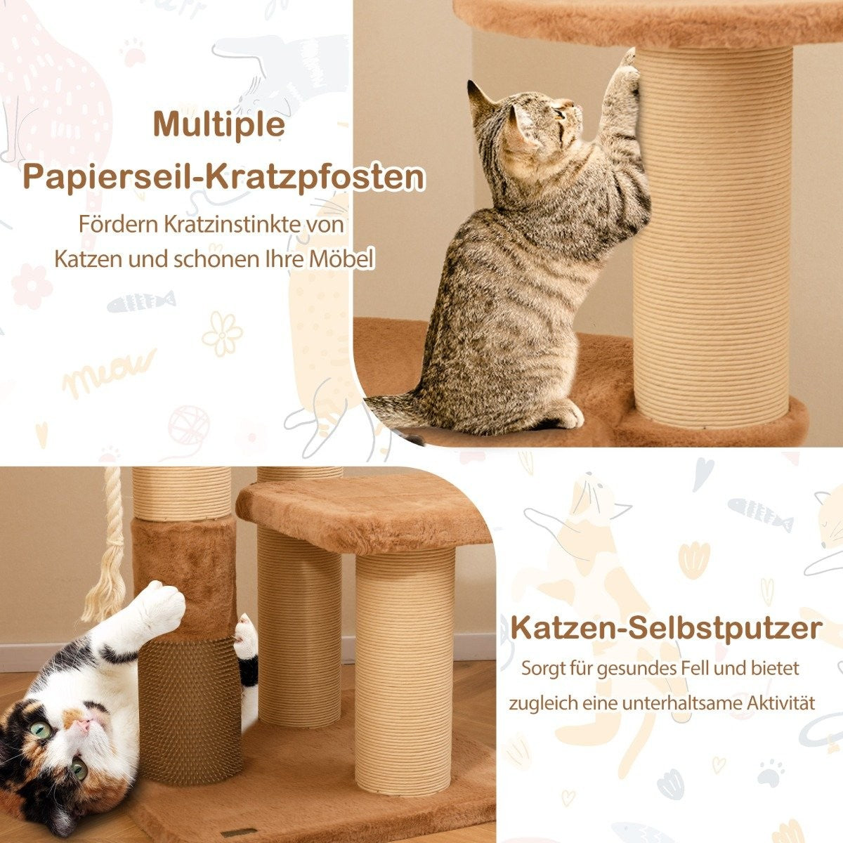 Scratching post with fur brush & padded seat & removable cat bed