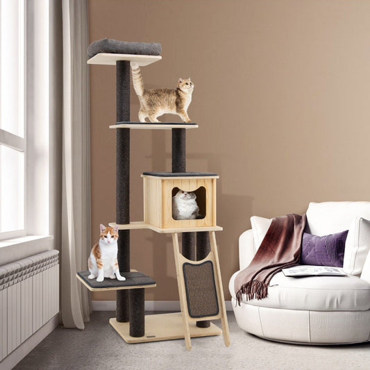 Scratching post with sisal posts & scratching board modern 6-tier with spacious cave & perch gray