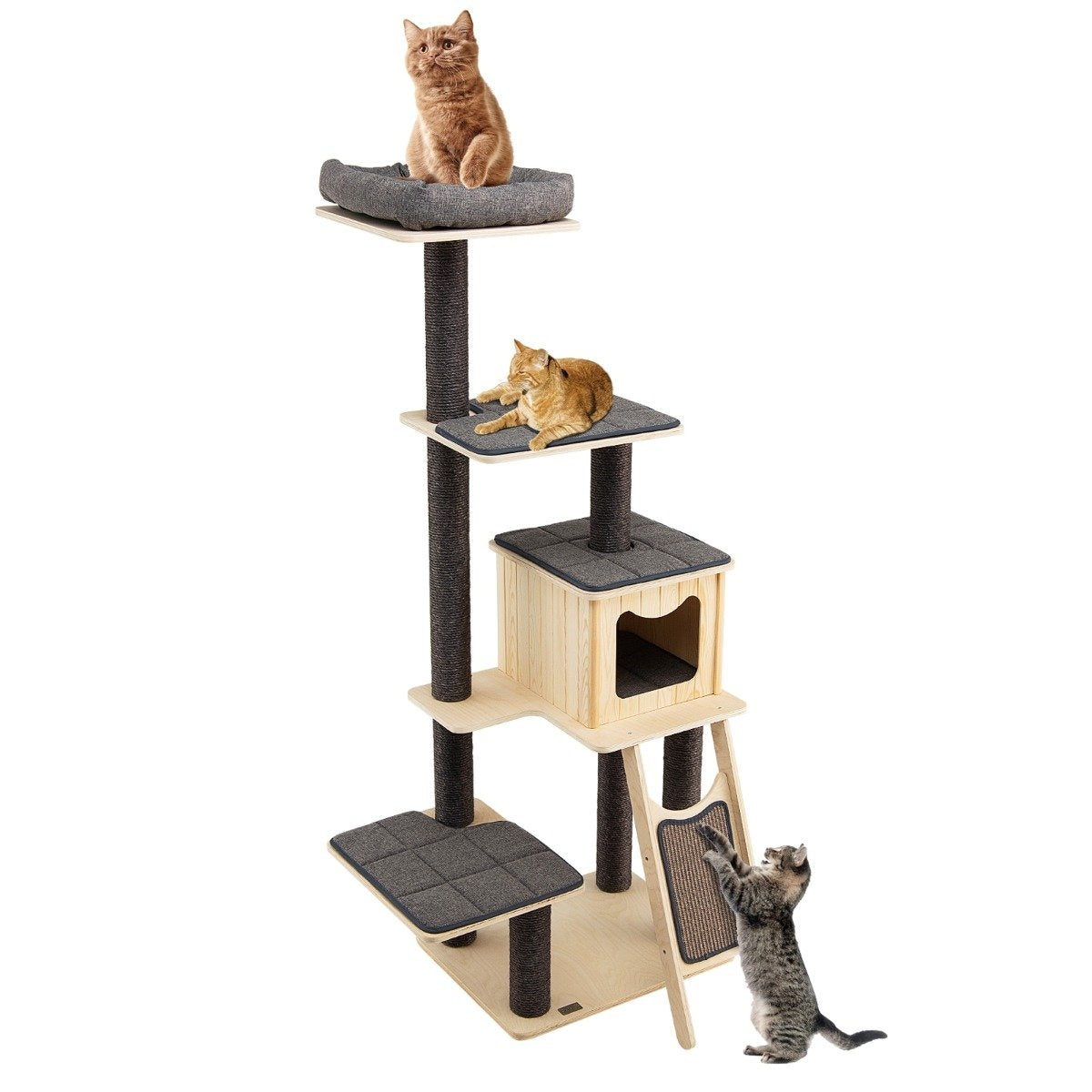 Scratching post with sisal posts & scratching board modern 6-tier with spacious cave & perch gray