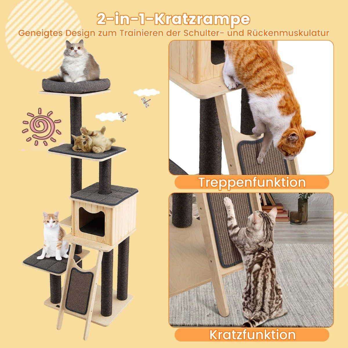 Scratching post with sisal posts & scratching board modern 6-tier with spacious cave & perch gray