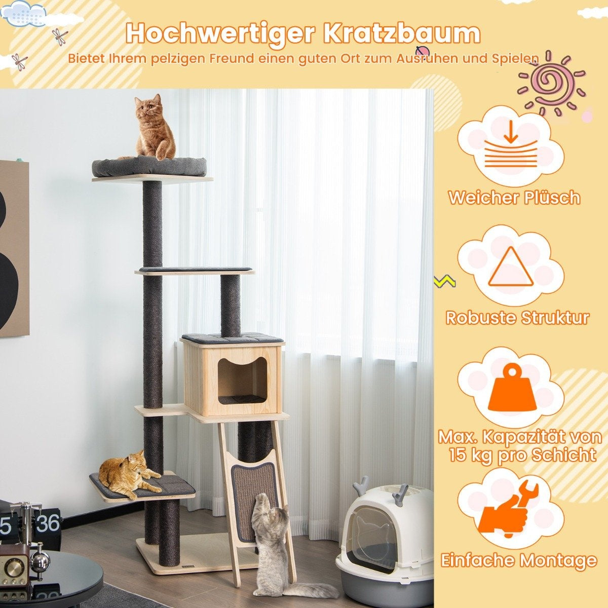 Scratching post with sisal posts & scratching board modern 6-tier with spacious cave & perch gray