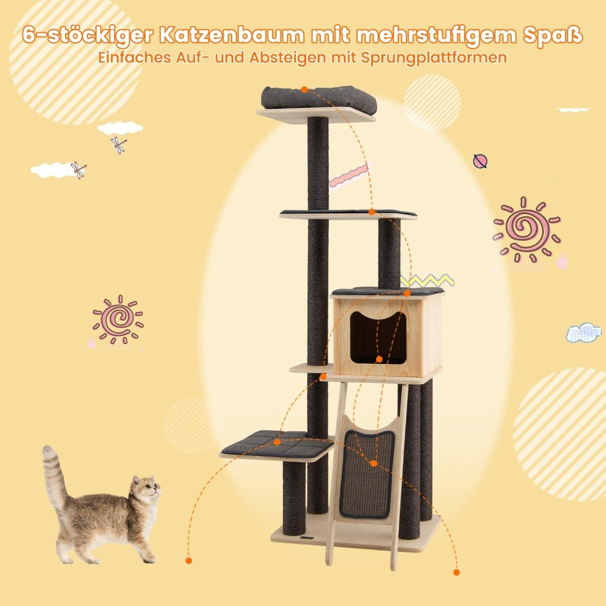Scratching post with sisal posts & scratching board modern 6-tier with spacious cave & perch gray