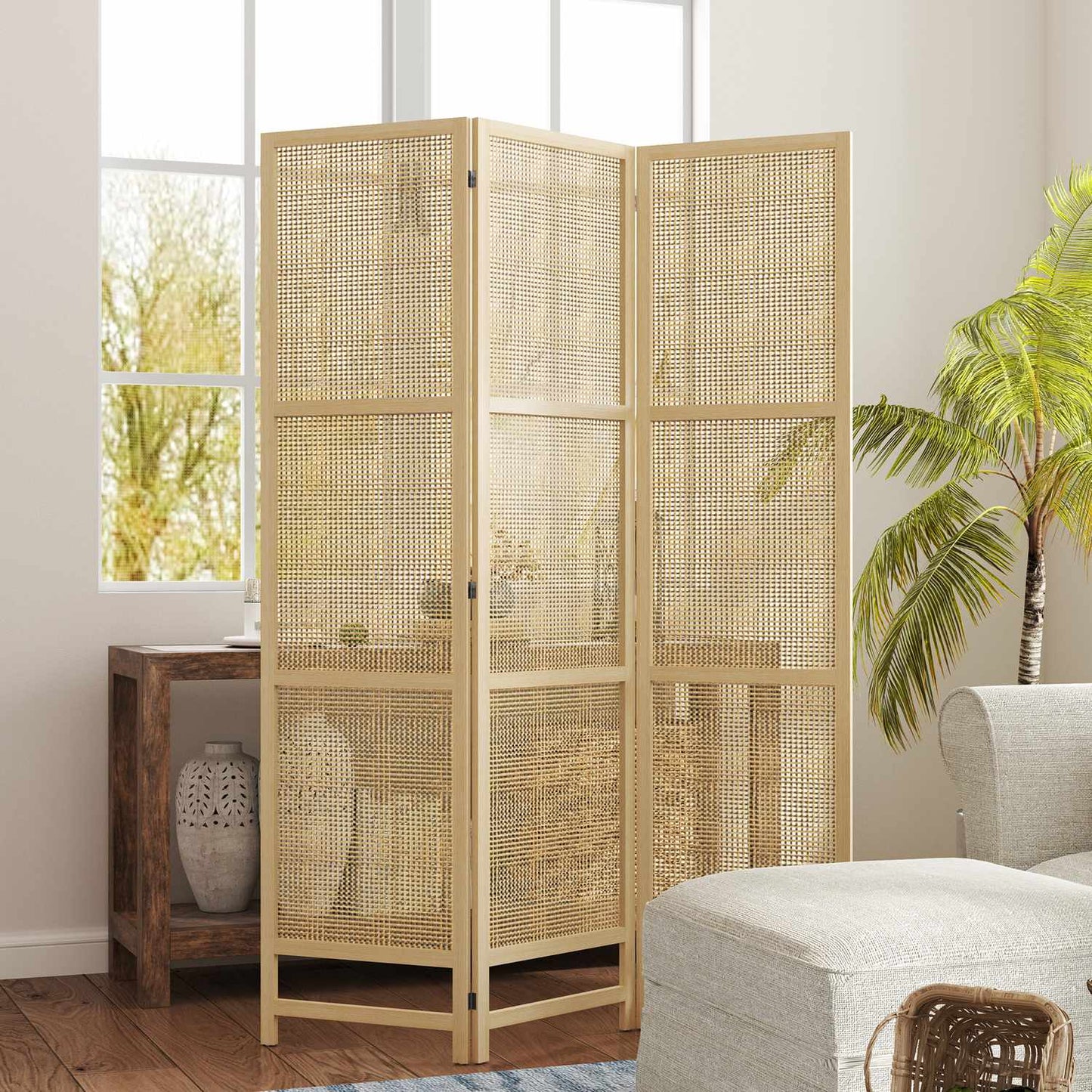 Foldable 3-panel rattan room divider - 135x180 cm Privacy screen