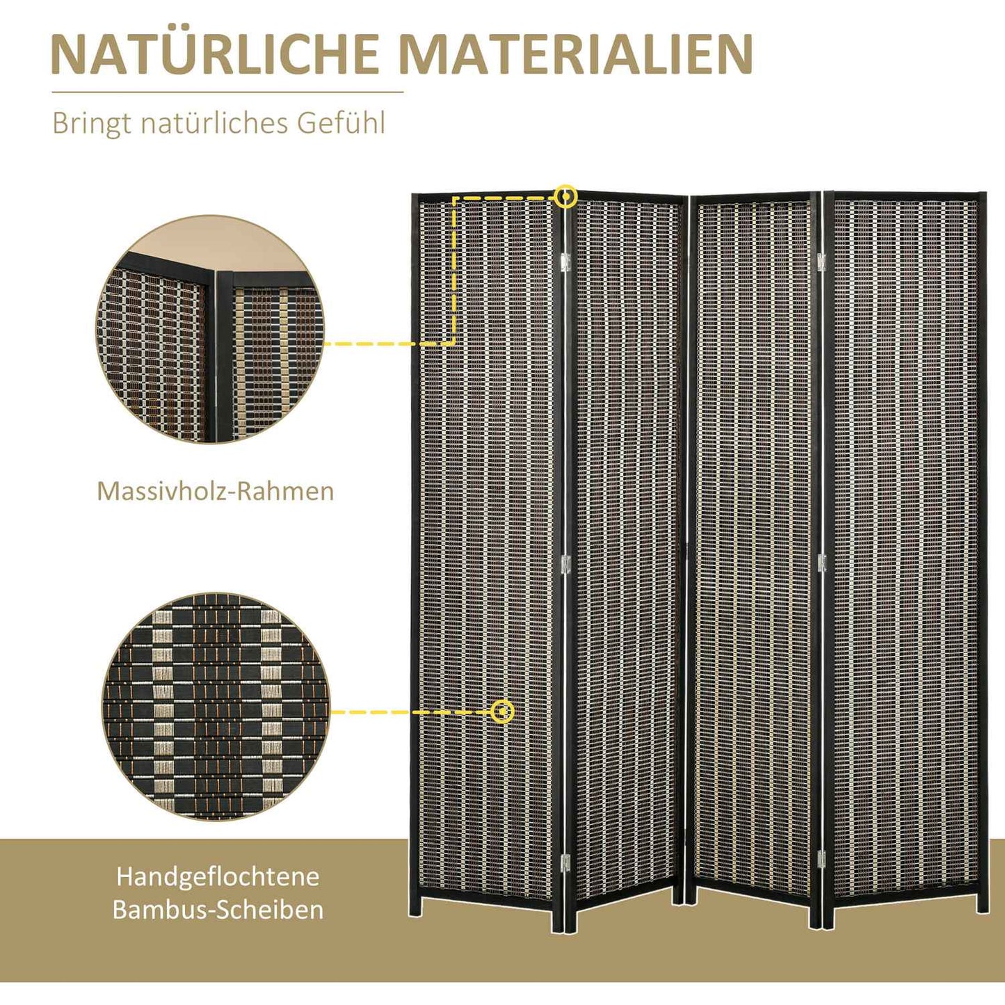 Bamboo room divider, 4-panel, 180x180 cm, Foldable Brown