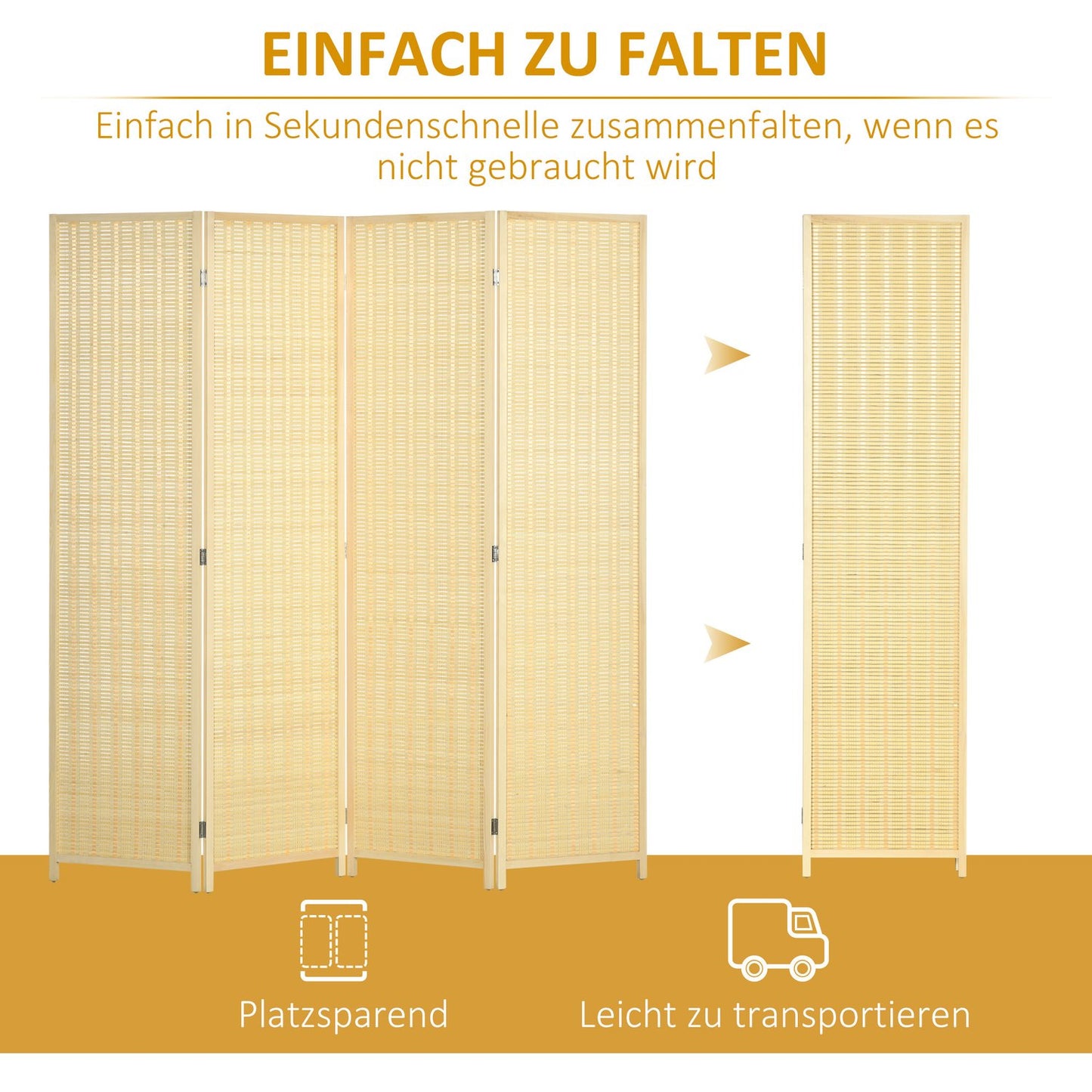 Bamboo room divider, foldable privacy screen, natural 180x180 cm