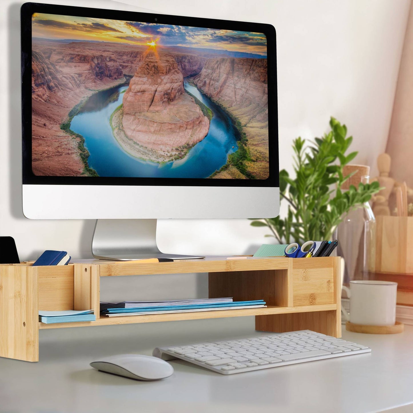 Screen stand and desk storage