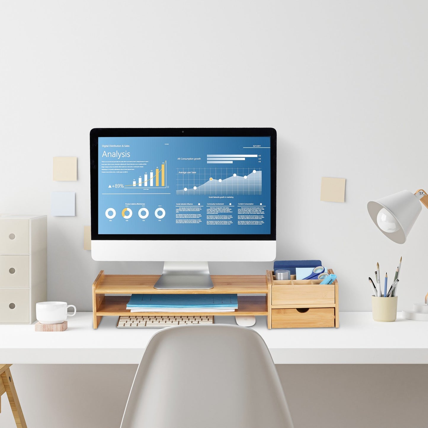 Screen stand and desk storage