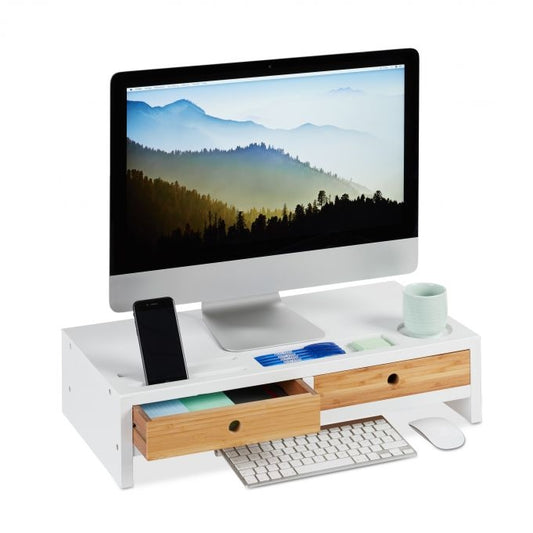 Screen stand with 2 drawers in white