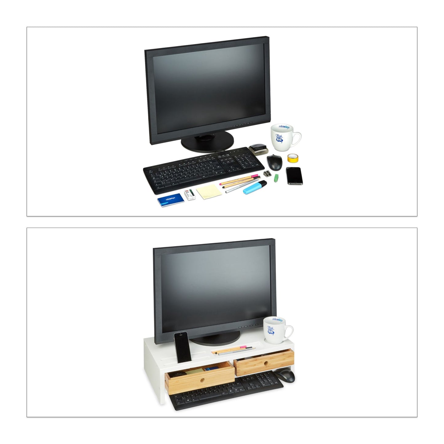 Screen stand with 2 drawers in white