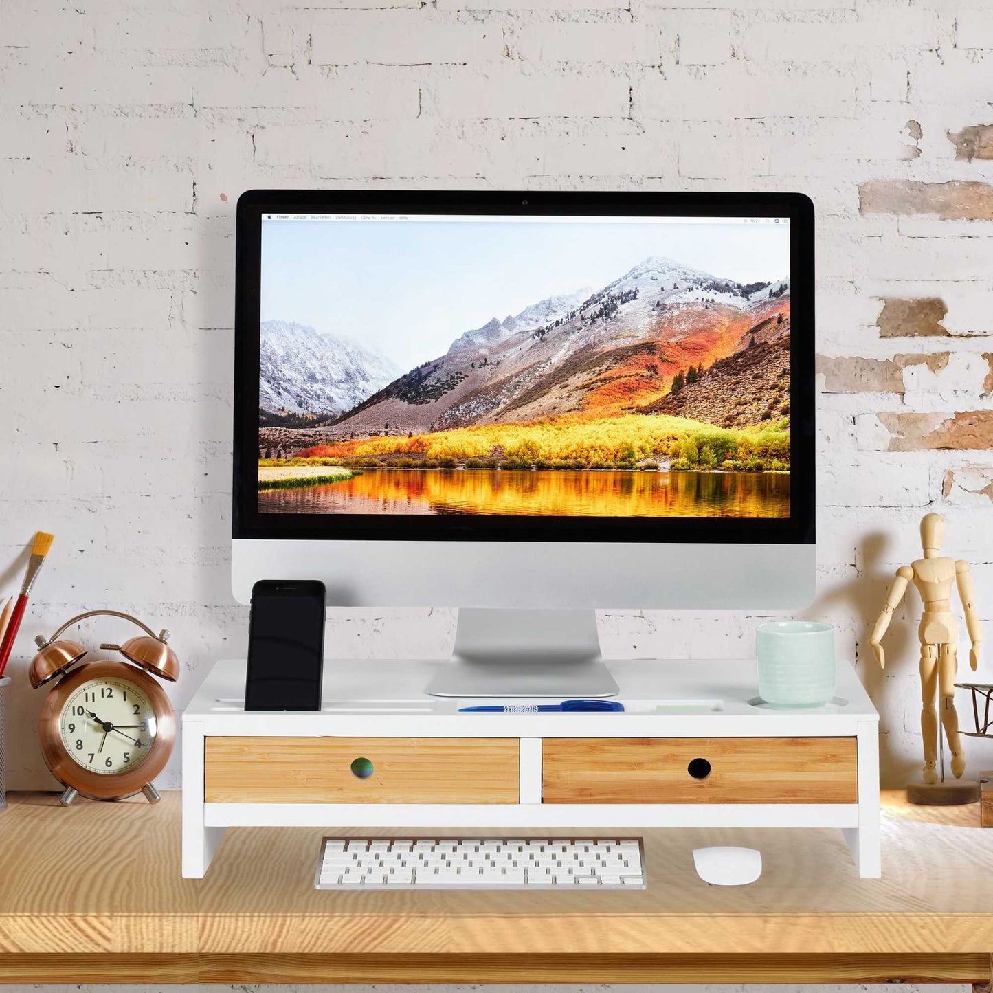 Screen stand with 2 drawers in white
