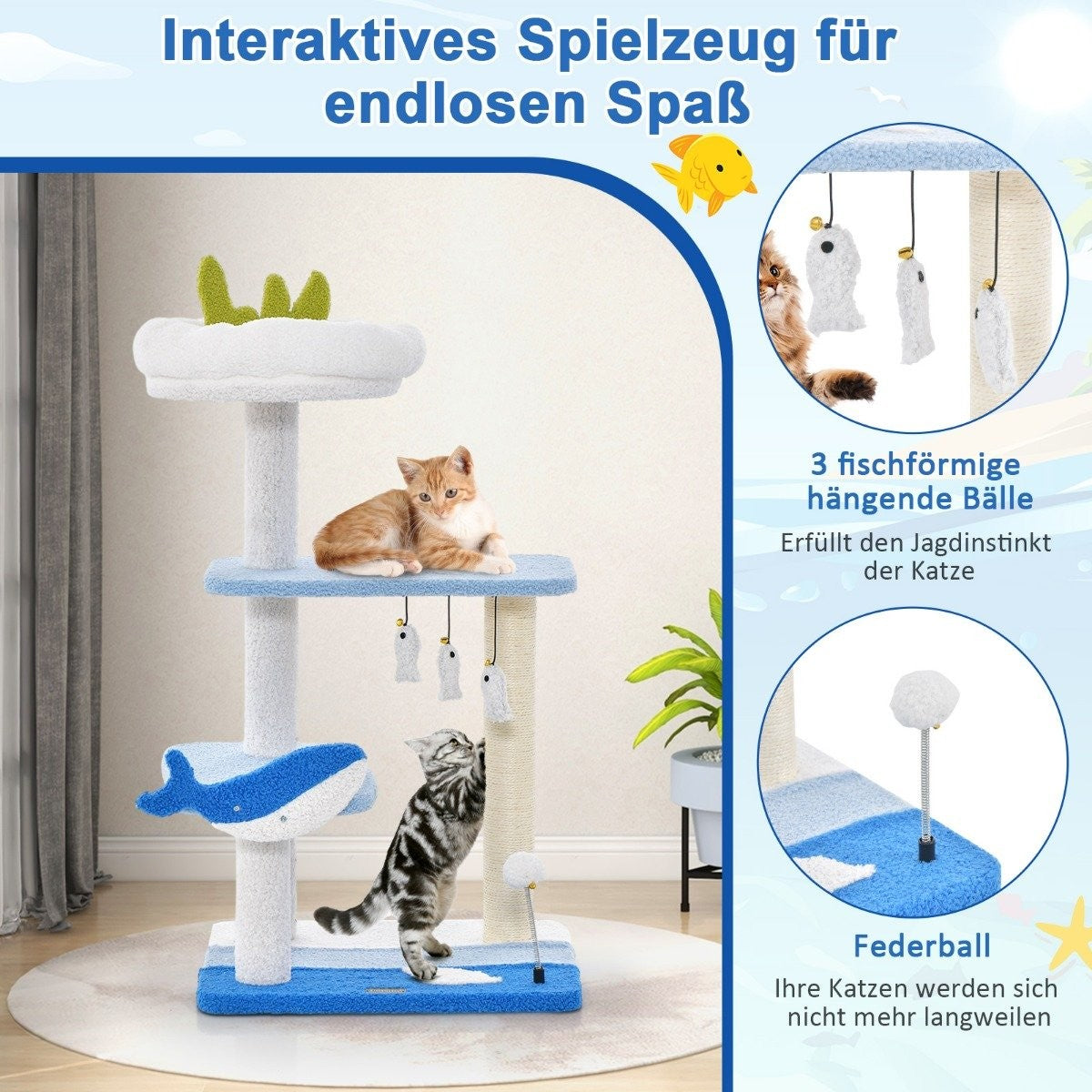 Seaside Scratching Post 3 Tier Cat Tower with Sisal Covered Posts Blue 49 x 38 x 86 cm