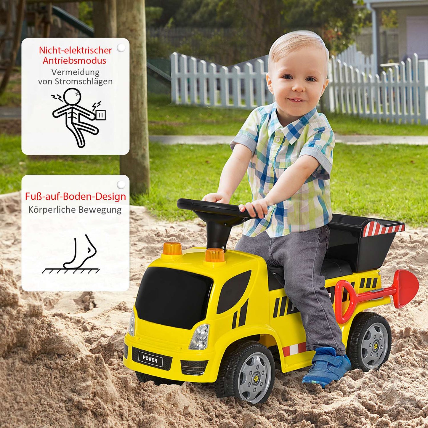 Yellow ride-on excavator for toddlers with shovel and bucket