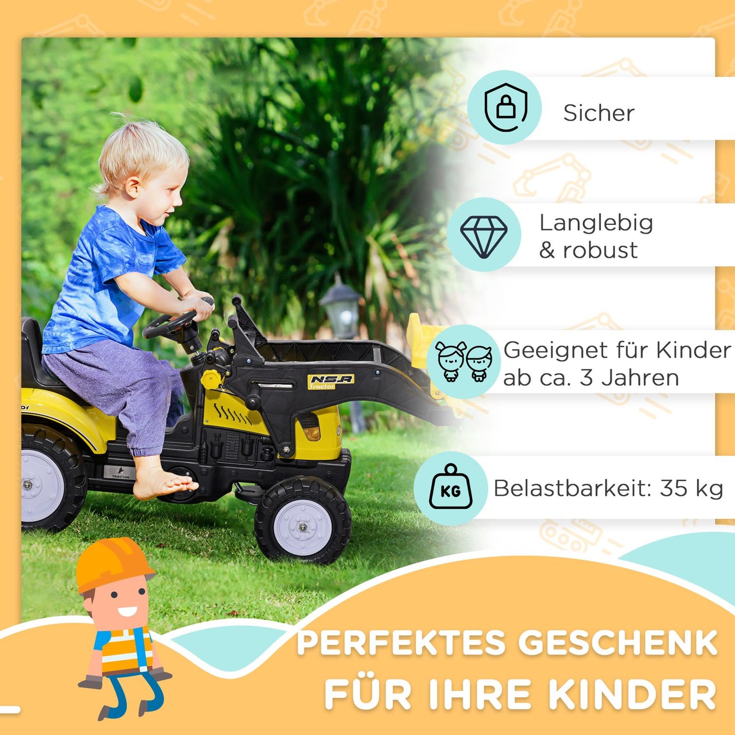 Ride-on excavator with shovel for children, 114x41x54 cm