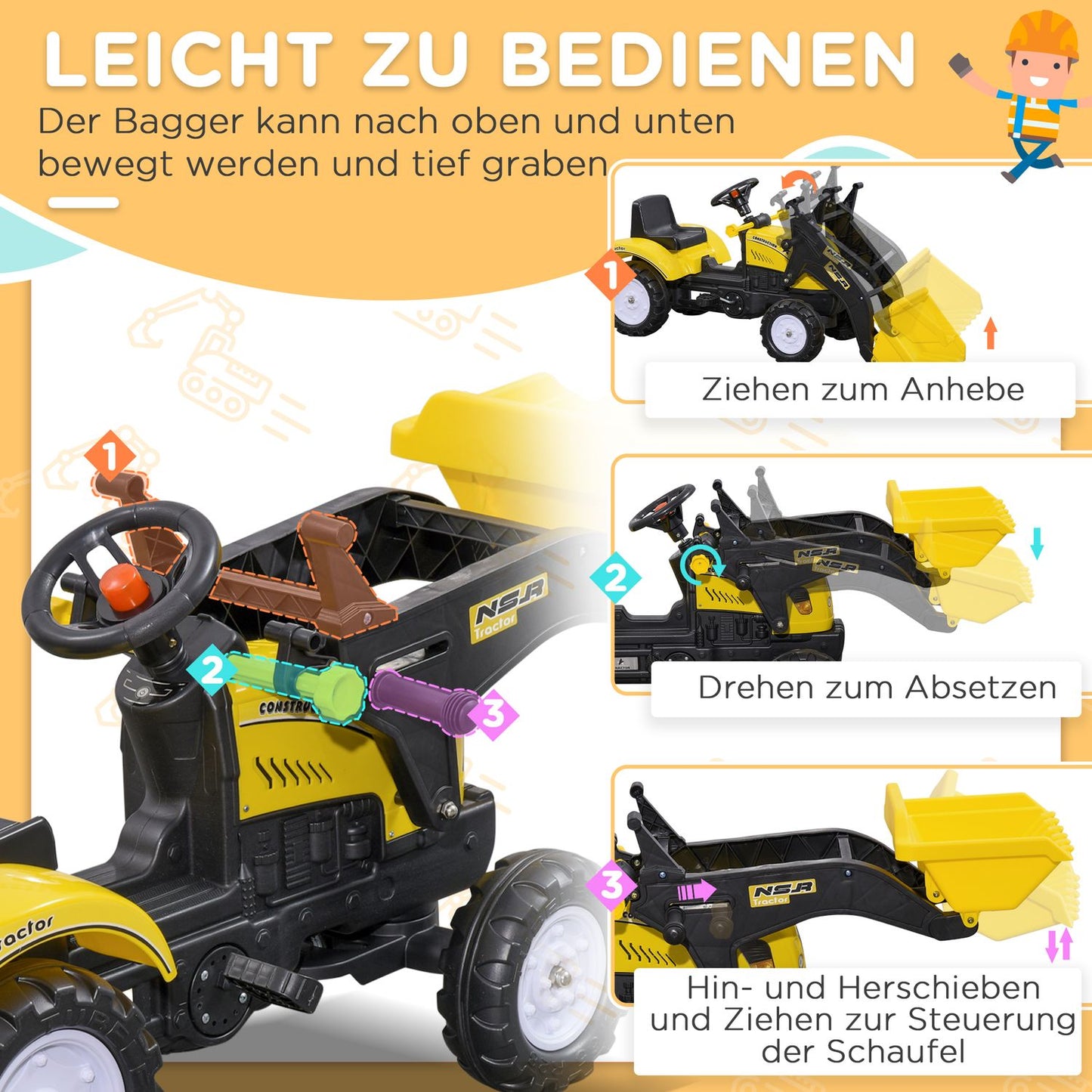 Ride-on excavator with shovel for children, 114x41x54 cm