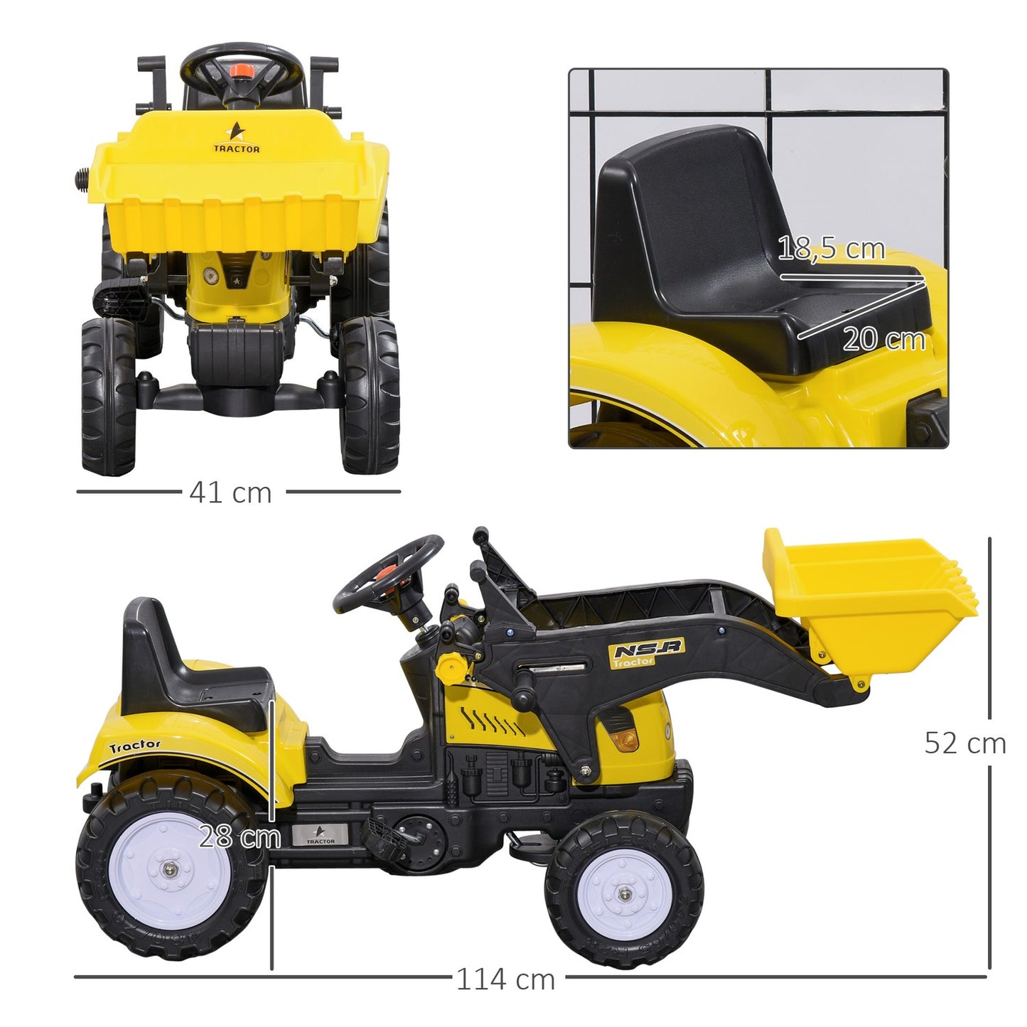 Ride-on excavator with shovel for children, 114x41x54 cm