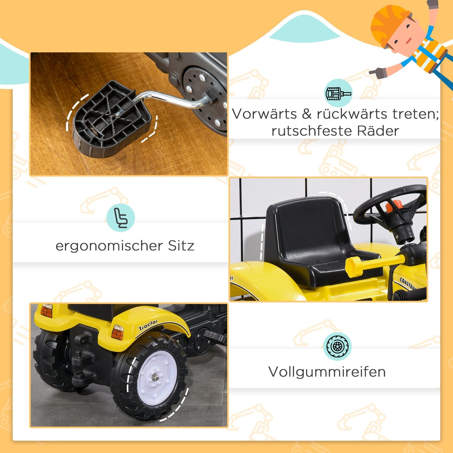 Ride-on excavator with shovel for children, 114x41x54 cm