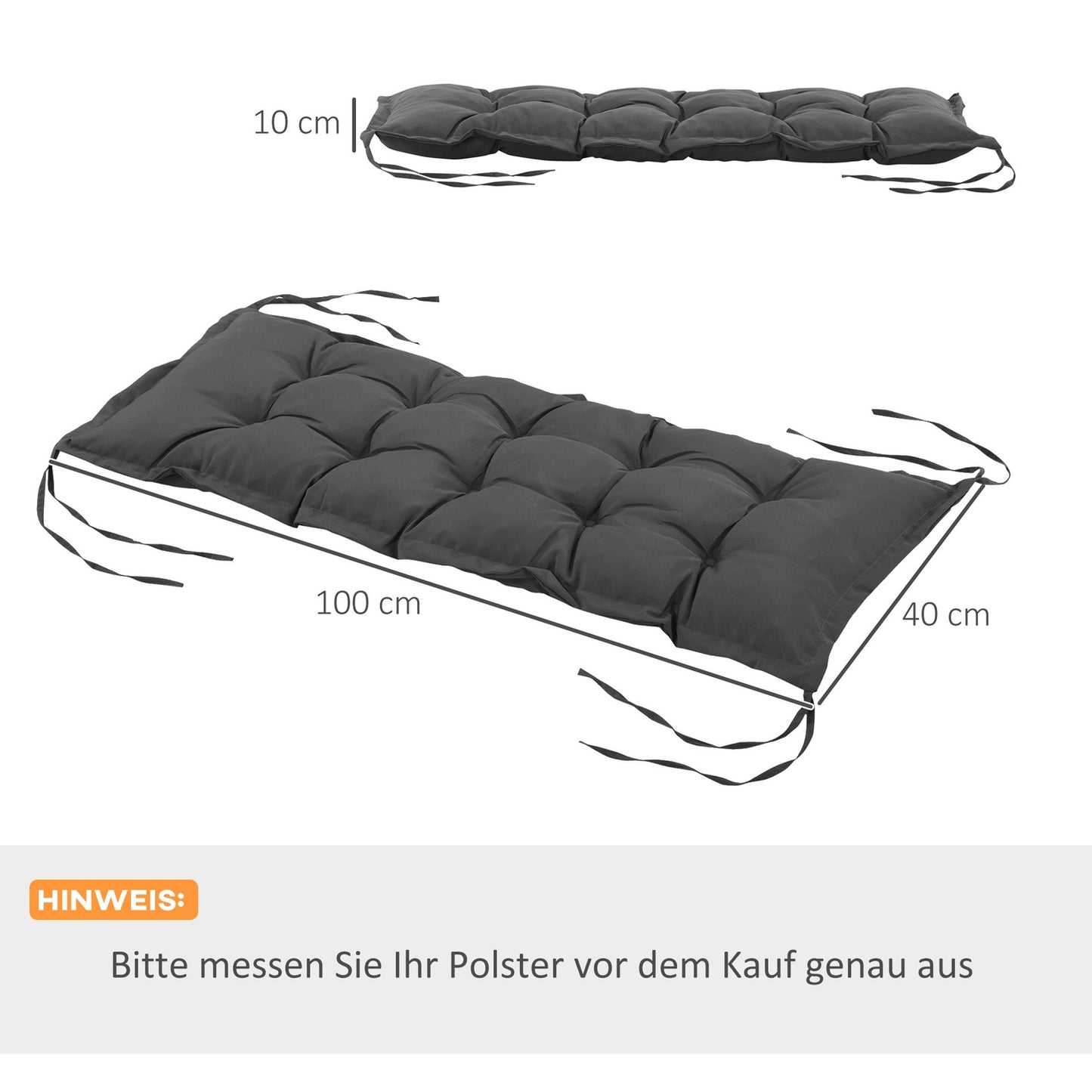 Chair cushion with tie, 100x40cm, washable, dark grey