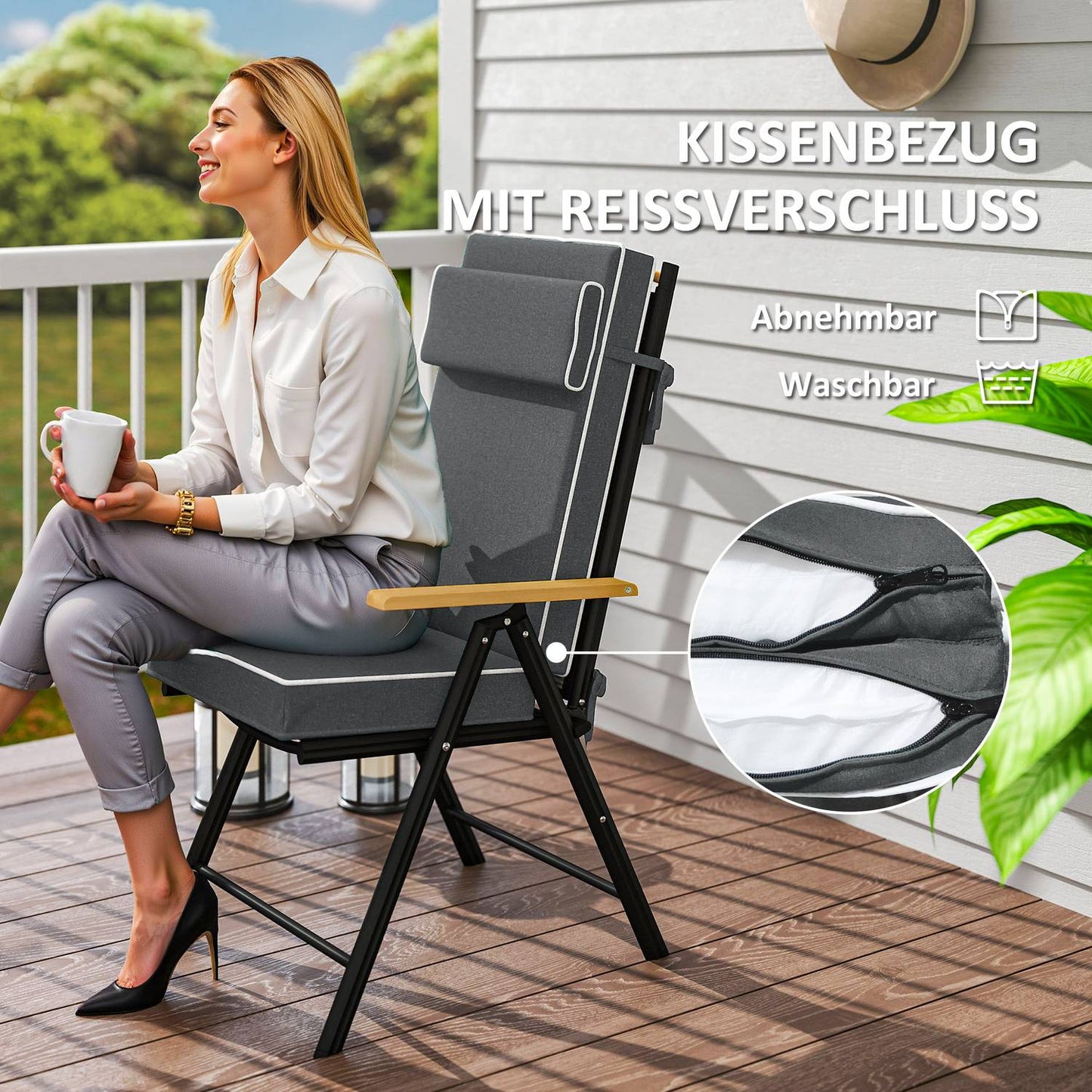 Water-repellent seat cushion with ties, dark grey, 120x47 cm
