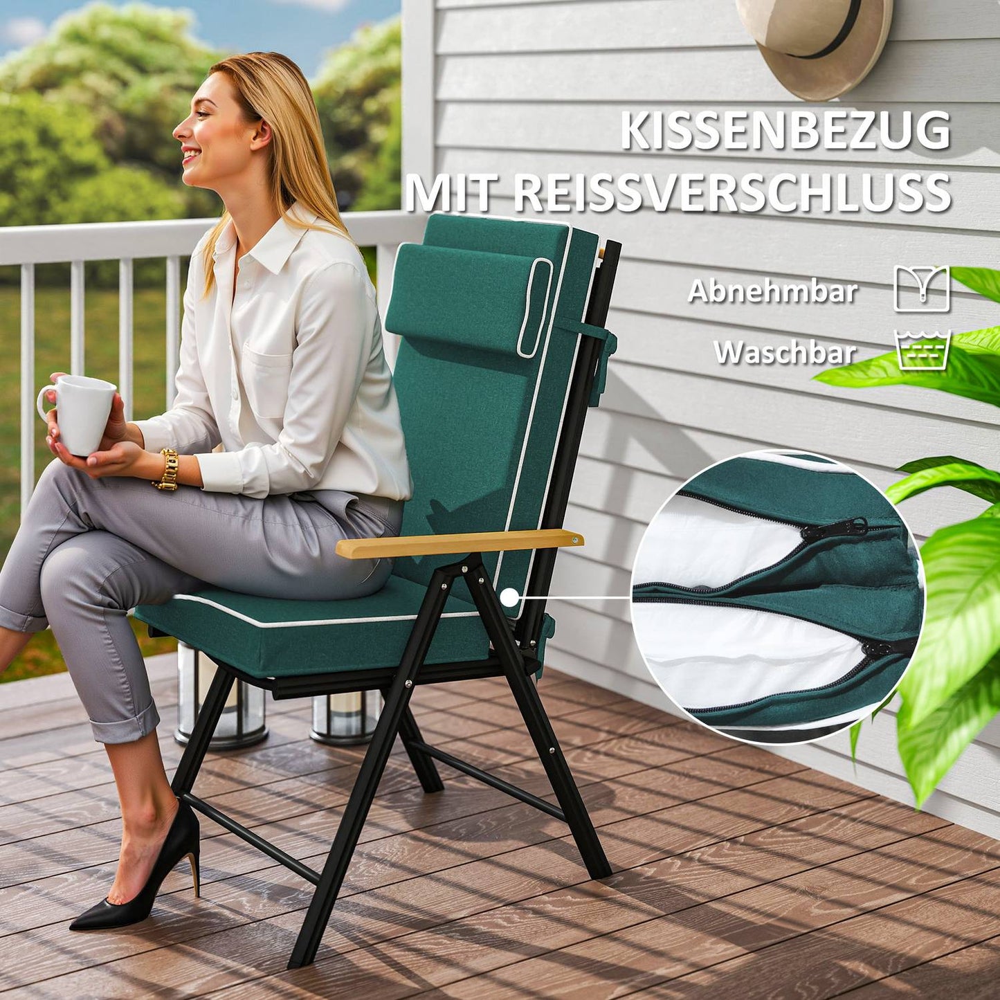 Water-repellent green seat cushion with ties - 120x47x9.5 cm