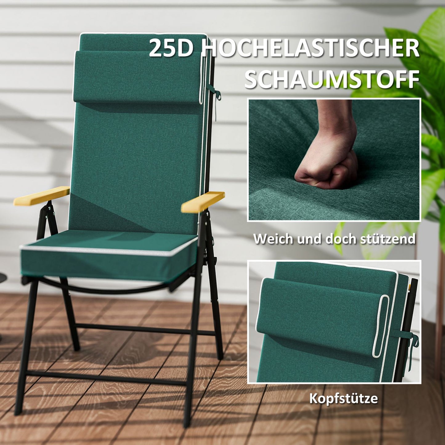 Water-repellent green seat cushion with ties - 120x47x9.5 cm