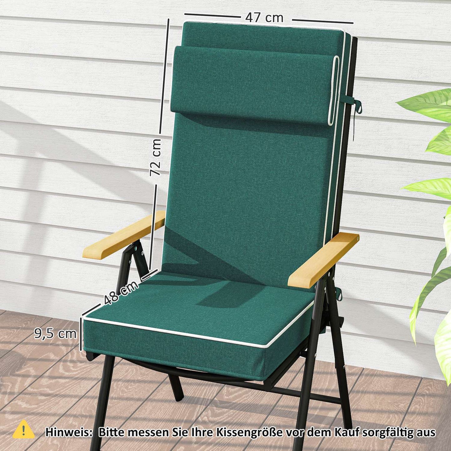Water-repellent green seat cushion with ties - 120x47x9.5 cm