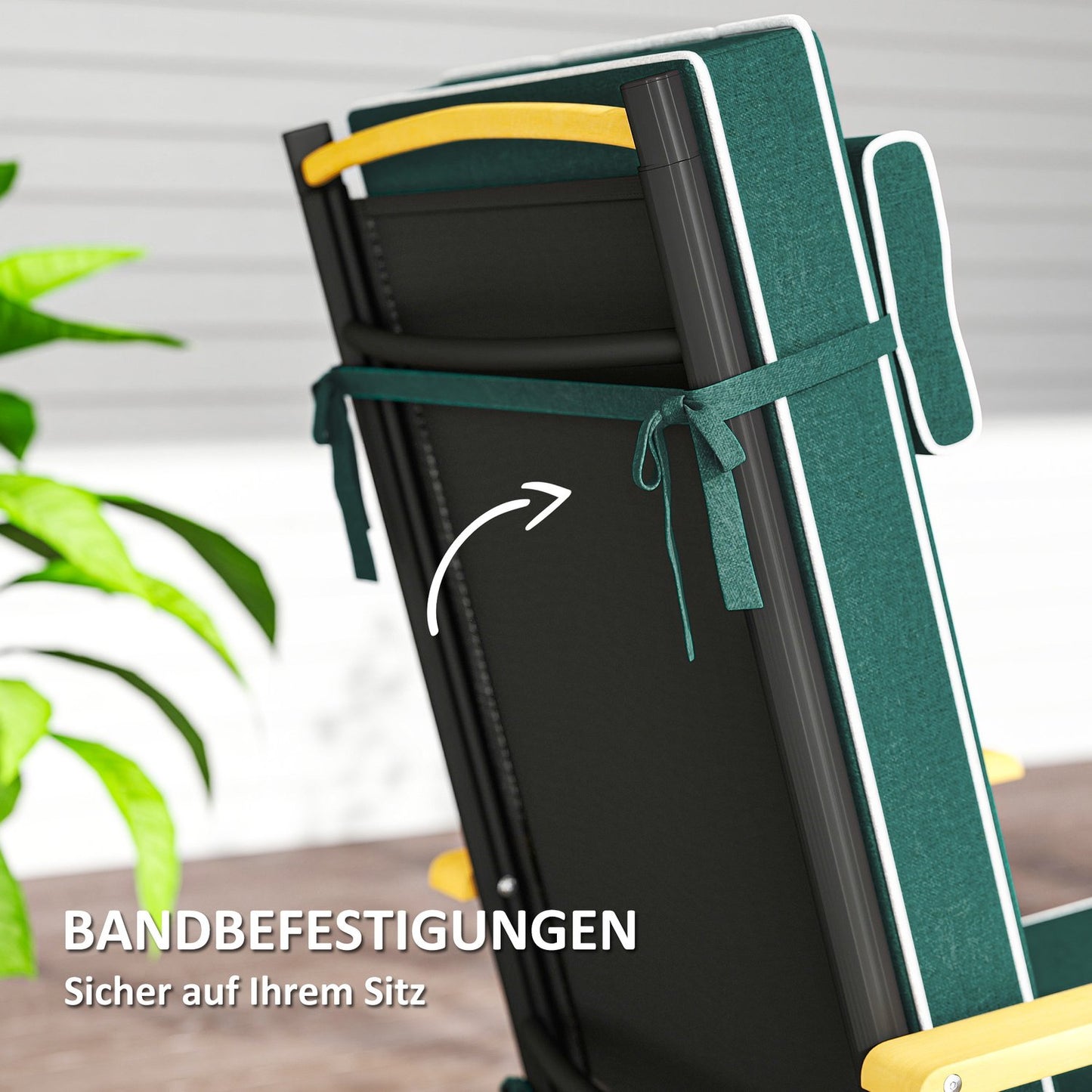 Water-repellent green seat cushion with ties - 120x47x9.5 cm